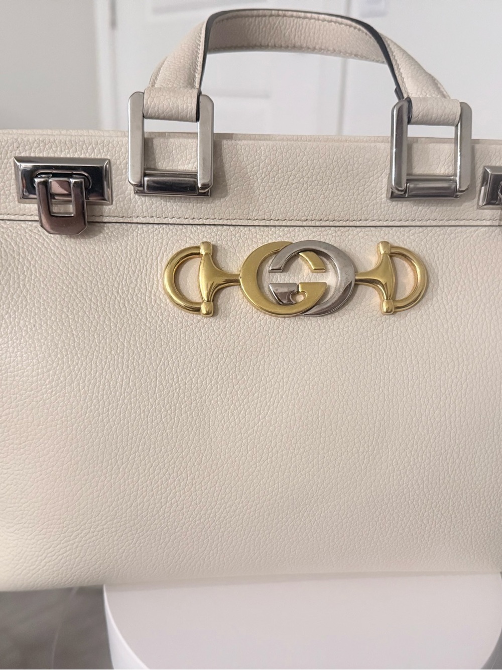 Gucci Cream Leather Top-Handle Satchel with Mixed Metal Horsebit
